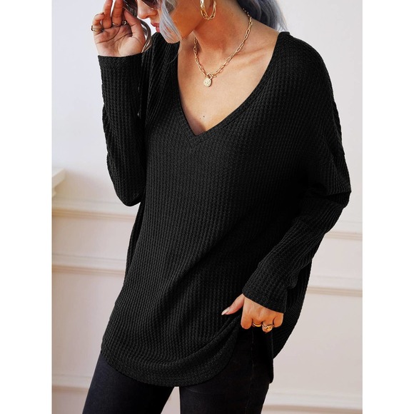 BohoGypsyDreamer.com Tops - Waffle Knit Drop Shoulder V Neck Tee black